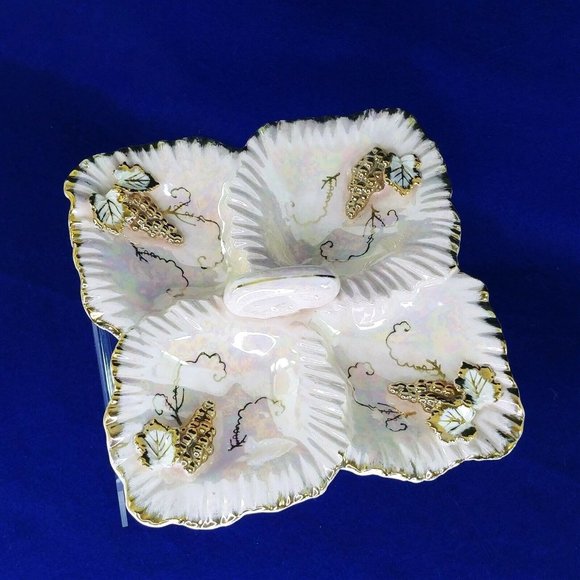 Dish Divided with Handle Pink Opalescent Gold Leaf Accents Collectible Vintage - Picture 1 of 9
